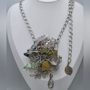 Handmade Wirework Statement Necklace Shell & Mixed Stones Silver Tone